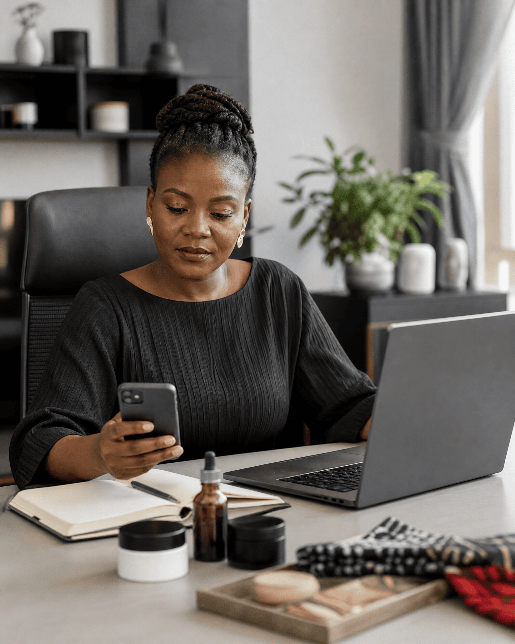 Professionnelle suivant une conversation commerciale sur WhatsApp